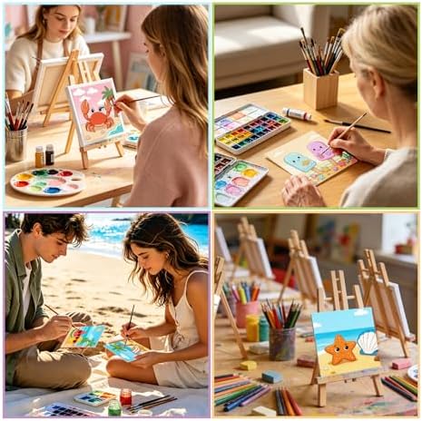 12 Packs Summer Pre Drawn Canvas to Paint, Ocean Pre Printed Canvas for Painting, Pre Stretched Canvas Outline Painting Boards for Beginners, Students, Party Favors 4 * 4inch