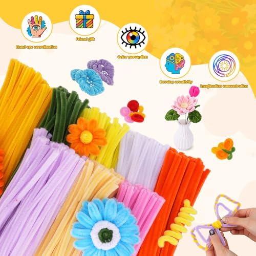 900PCS Pipe Cleaners Flower Kit, Pipe Cleaner Bulk Craft Flower Making Kit with Instruction, 8 Colors Thick Chenille Stems for Arts DIY Craft Supplies with Greeting Card, Floral Wires, Tape, Stamen