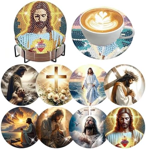 ijbnhd 8 Pcs Diamond Art Coasters Kits Jesus Diamond Painting Coasters