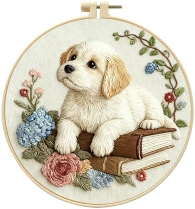 Zhenqing Dog on Books Embroidery Kit for Beginners, Pre-Printed 29x29cm Circular Cotton Fabric with 20cm Hoop, Cozy Pet and Hydrangea Floral Design for Home Decor (C0206)