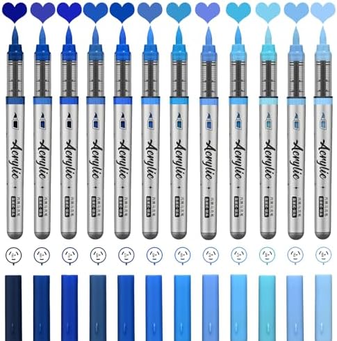 Blue Acrylic Paint Pens,12 Color Paint Pen Markers,Brush Tip Paint Pens for Rock Painting Wood Glass Ceramic Canvas Stone DIY Crafts Making Art Supplies