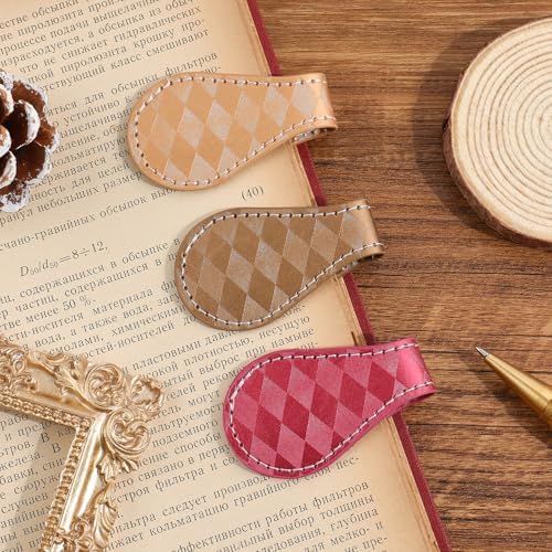 3PCS Vintage Magnetic Leather Bookmark, Leather Magnetic Bookmarks for Women, Magnetic PU Bookmarks Clip Book Accessories, Rhombic Pattern