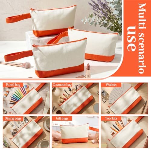 Silkfly 15 Pcs Cotton Canvas Makeup Bags Cosmetic Zipper Bags 10.2 x 5.5 x 2'' Blank DIY Pouch Bulk Pencil Case with Bottom Travel Toiletry Pouch for Women Craft Decor Gift (Beige and Orange)