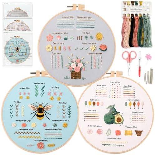 Myfelicity 3 Embroidery kit for Beginners, Beginner Embroidery Kit for Adults. Starter Kits to Learn 28 Different Stitches, Including Fabric with Prints, Threads, Needles, Hoop and Video tutorials…