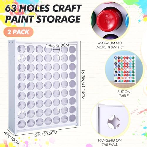 Sunnychicc 2 Pcs 63 Holes Craft Paint Storage Organizer Vertical Rack Stand 2 oz Paint Bottle Wall Mounted Storage for Art Supplies Back to School, White