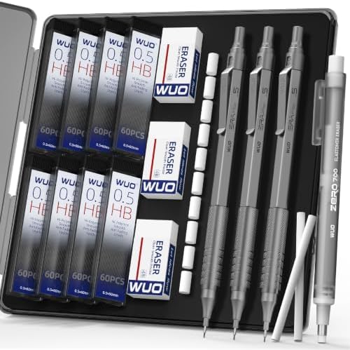 WUO 0.5mm Mechanical Pencil Set, 3 Pack Grey Metal Drafting Pencils