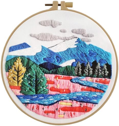 Esffaci Embroidery Starter Kit for Adult Beginner with Mountain Landscape Tree Flower Scenery Pattern Hand Embroidery Set with Embroidery Cloth Floss Hoop Needle Threader and Instruction