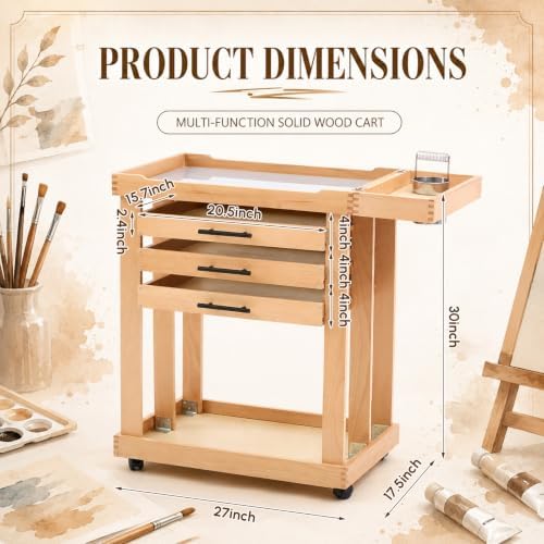 Art Supplies Storage Cart 5-Tier Solid Beech Wood 3 Drawers 4 Rolling Wheel