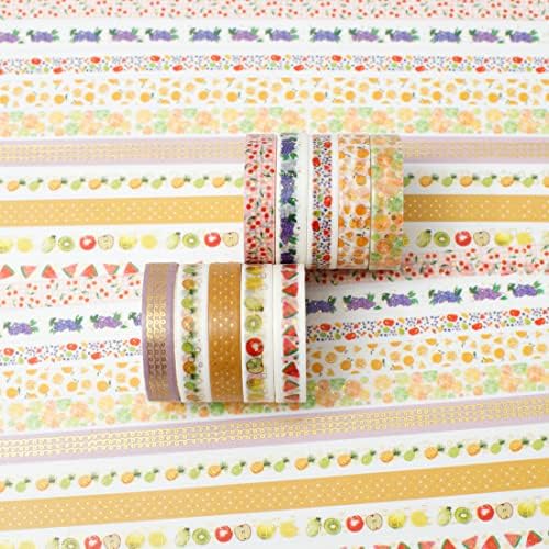 YUBBAEX 10 Rolls Sparkling Washi Tape Set 8mm Skinny Gold Foil Decorative Masking Washi Tapes for Bullet Journal,Scrapbook, Planner, DIY Crafts (Various Fruits)