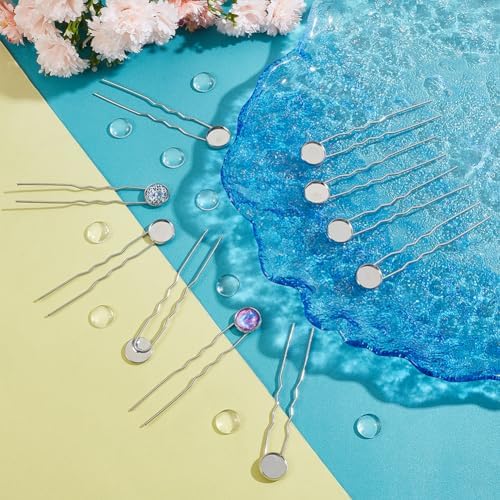 UNICRAFTALE 20 Sets U Shape Hairpins Platinum Round Bezel Tray Blank Hair Pins Brass DIY Cabochon Hair Pins Supplies with Glass Cabochons 12mm Tray Hair Clips 80mm Long Hair Fork for Jewelry Making