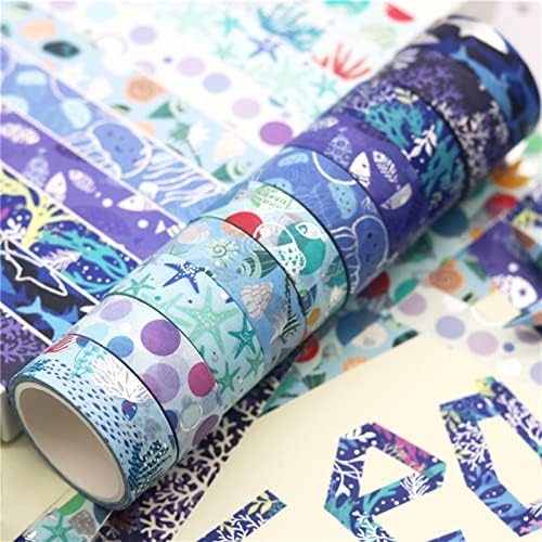 Blue Ocean Washi Tape Set 10 Rolls Bronzing Sea Decorative Masking Tapes for Scrapbooking, Journal, Planner, DIY Crafts, Gift Wrapping