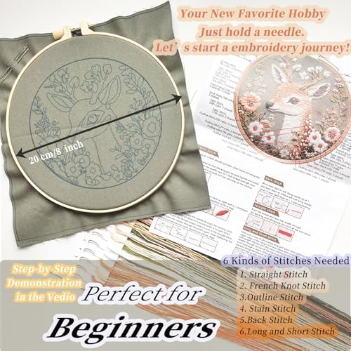 FONNUY Printed Deer and Floral Embroidery Kit with Hoop, Cross Stitch Kits for Beginners, Handmade Crafts, Easy to Follow Color Thread Needlework, 8'' Hoop (Deer and Blossoms)