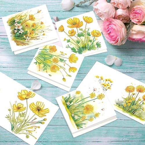 6pcs 5D DIY Diamond Painting Kit Greeting Card, Small Yellow Flower Diamond Handmade Greeting Card with Envelope, Holiday Gift Congratulations