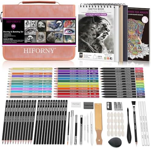 HIFORNY 100 PCS Drawing & Sketching Set, Professional Art Supplies with Graphite,Charcoal, Colored,Watercolor,Metallic Pencils,Blending Tools,Sketchbook and Coloring Book in Zipper Case (Pink)