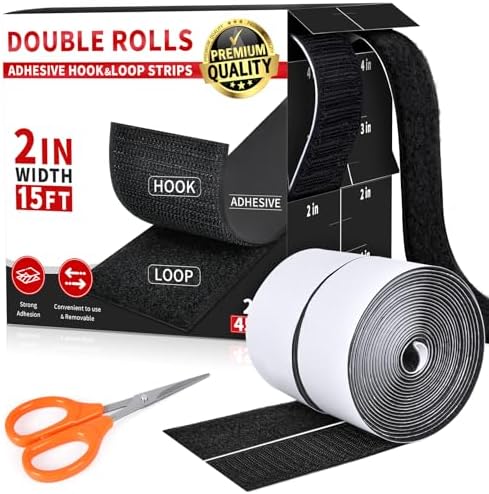 2 Inch x 15Ft Hook and Loop Strips with Adhesive, Double Sided Self Adhesive, Nylon Self Tape for Home Office School and Crafting