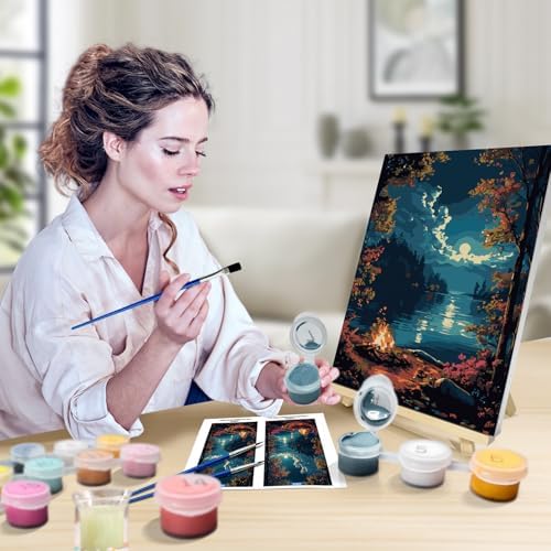 JOOZ Paint by Numbers Kit for Adults with Frame, Landscape Paint by Numbers for Adults, Moon Lake Paint by Number with Easel, DIY Acrylic Oil Painting Kit for Home Wall Decor 8 x 12 Inch