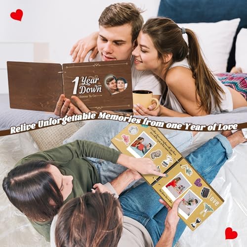 CY2SIDE Couple 1 Year Anniversary Scrapbook - 111PCS 1st Down Photo Wooden Album Scrapbook Craft Kit with Heart Puzzle Brown Paper Sticker Marker Template for DIY Anniversary Dating Gifts for Him Her