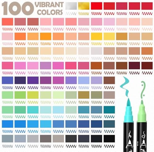 100 Colors Precision Dual Tip Acrylic Paint Markers Pens - Brush & Fine | Performs on Rock, Wood, Paper, Fabric, Egg, Scrapbook, Glass, Ceramic, Canvas, DIY Crafts Art Gift - School Supplies