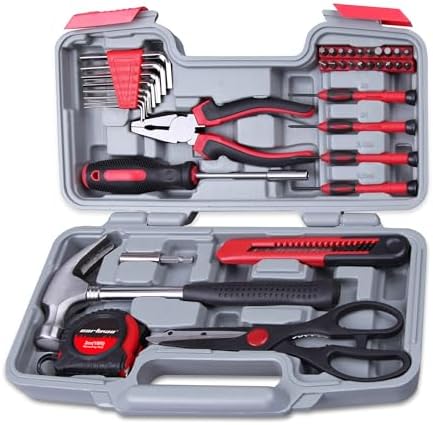 CARTMAN 39-Piece Household Tool Set, Red Hand Kit With Storage Case | Complete assortment for home repairs, DIY projects, furniture setup, crafting, and daily household fixes in toolbox.