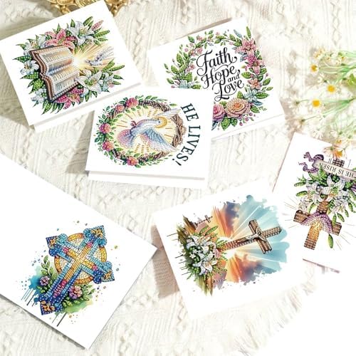 AiYuanzsh 6 Pack Diamond Art Greeting Cards with Envelopes, Religious Diamond Painting Cards Kit, DIY 5D Diamond Art Cards Set, Cross Bible Dove Designs for Christmas, Birthday, Holiday