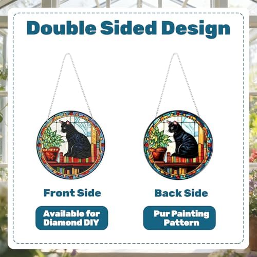 CRZMODE Black Cat Diamond Art Hanging Kit for Adults, Cat Pendant Diamonds Painting Art Kit, Special Crystal Diamond Art Painting Pendant Ornament, Craft Gift for Women Home Window Decor