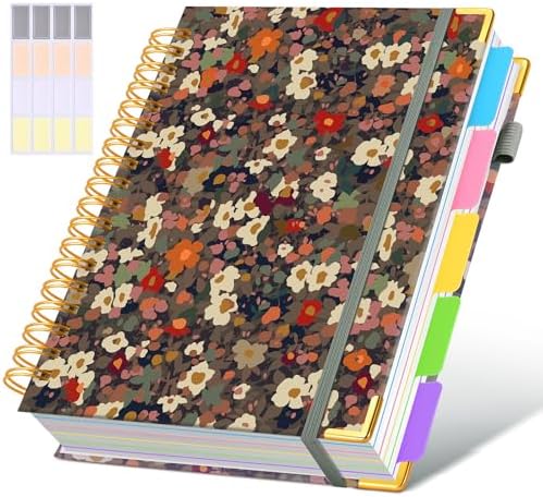 Hardcover Spiral Notebook Journal with Removable Dividers Tabs, 300 Pages 5 Subject Notebook College Ruled, 8"x10" Large B5 Notebooks for Work School Note taking, Journal for Women, Flower