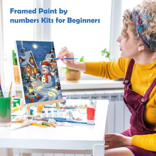 MOGTAA Christmas Paint by Numbers Kit for Adults Beginners with Frame, Snowman Adult Paint by Number Kits on Canvas with Easel, Easy DIY Landscape Oil Painting Kits for Home Decor, 8x12in