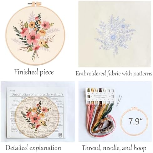 Silentsea Embroidery Kit, Floral and Nature Designs, with Hoops, Needlework Pattern Set (Flower)