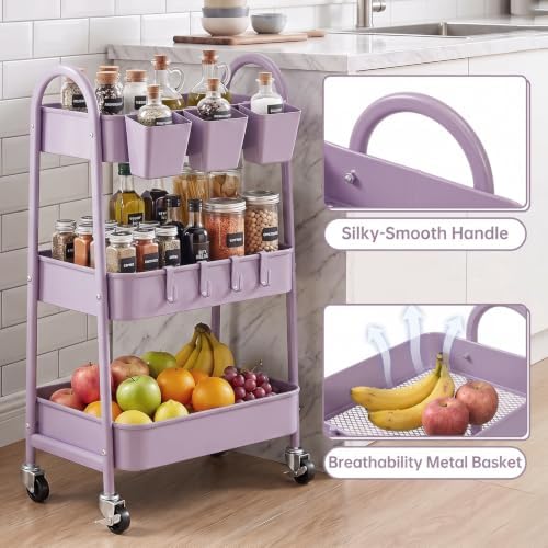 danpinera 3-Tier Rolling Cart, Utility Cart Mobile Metal Rolling Storage Cart with Lockable Wheels & Hanging Cups & Hooks for Kitchen, Bathroom, Office, Workshop, Purple