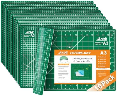 ArtAt Self Healing Cutting Mat:【10 Pack Cutting Mat 12″x 18″】 Green Double Sided Non-Slip 5 Layers PVC Durable Craft Sewing A3 Mat for Rotary Cutter