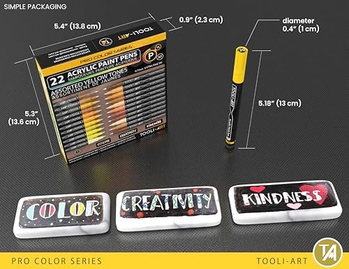 Acrylic Paint Pens 22 Yellow & Brown Tones Assorted Pro Color Series Markers Set 0.7mm Extra Fine Tip for Rock Painting, Glass, Mugs, Wood, Metal, Canvas, Projects, Non Toxic, Waterbased, Quick Drying