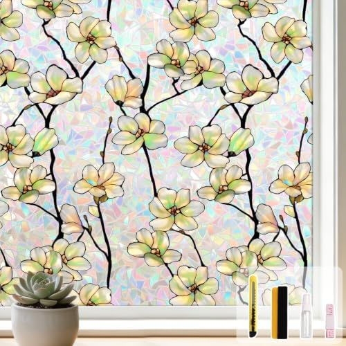 Kromapolis Window Privacy Film,Stained Glass Magnolia Floral 17.5″ x 78.7″