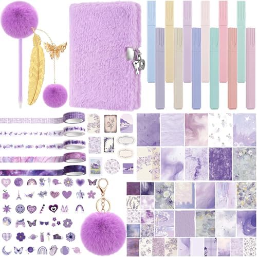 Janlaugh DIY Journal Diary with Lock Pack Scrapbook Kit, Purple, Plush | Stationery Diary Supplies, Scrapbook Supplies Art Crafts Kit for Birthday Holidays Ideal Gifts, Feather Bookmark Stickers