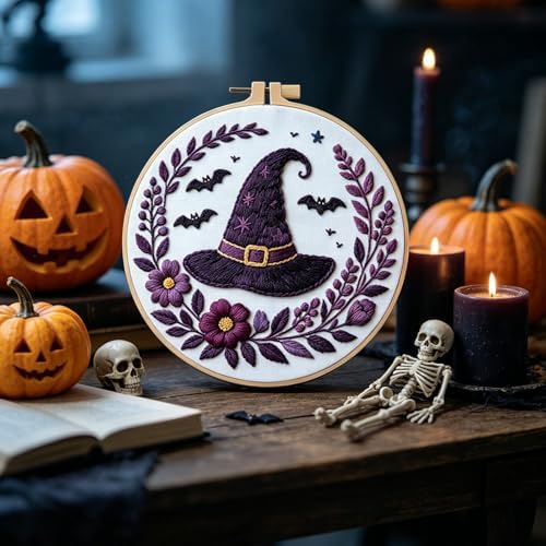 FONNUY Halloween Embroidery Kits for Beginners,Skull Pumpkin Spider Web Floral Stamped Cross Stitch Kit for Adults, Spooky Season Boho Wall Decor, 8'' Hoop (Witch Hat)