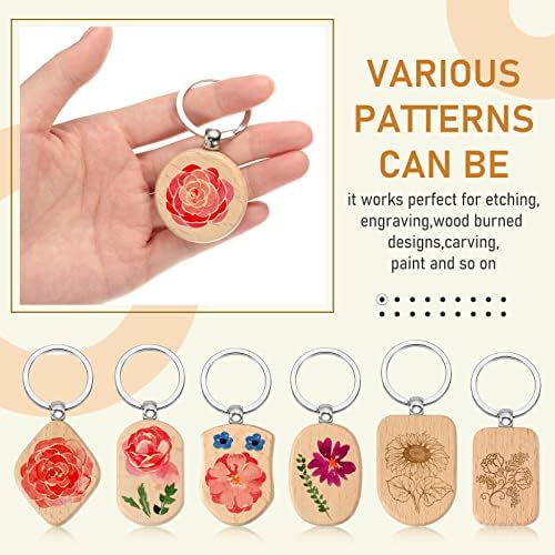 Cunno 20 Pcs Wood Keychain Blanks Unfinished Key Ring, Assorted Shapes