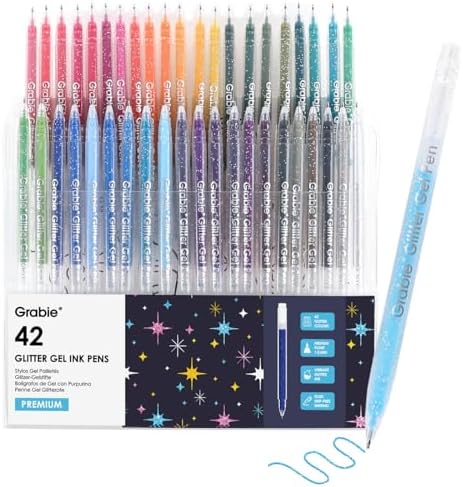 Grabie Set of 42 Color Glitter Gel Pens, 1.0 mm Fine Tip Art Pens | Brilliant Glitter Effects, Consistent Ink Flow, Comfortable Grip, Creative Lettering, Smooth Writing, Ideal For Coloring