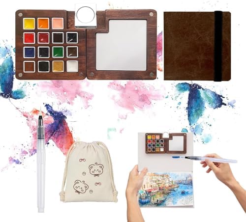 Travel Watercolor Paint Set - Pocket 15-Color Mini Kit with Sketchbook