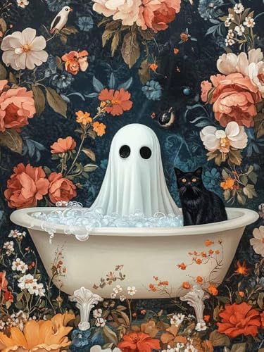RYMILIE Halloween Diamond Art Kits for Adults Bathtub Ghost 12x16inch | 5D Flowers Diamond Painting Kit for Beginners, DIY Full Round Drill Black Cat Gem Art Crafts for Home Wall Decor Gift