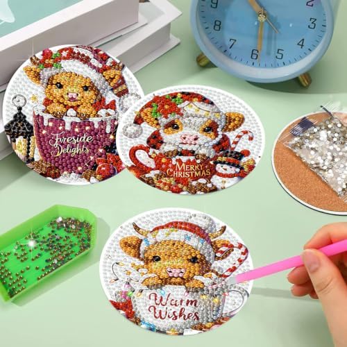 Christmas Cow Diamond Art Coasters Kit, 8 Pieces Diamond Painting Coasters