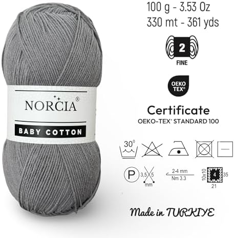Baby Cotton, 55% Cotton 45% Acrylic Yarn, Fine/Sport (2) for Crochet and Knitting, Soft Amigurumi Yarn, 100 gr (361 yds)