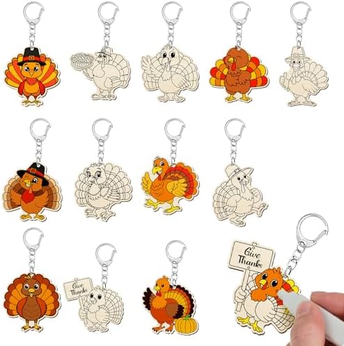 Trnayi 36 Pcs Thanksgiving Turkey Wood Keychain DIY Craft | Thanksgiving Turkey Wooden Keychain, Color Your Own Unfinished Craft, Blank Wood Painting DIY Craft, for Autumn Art Project