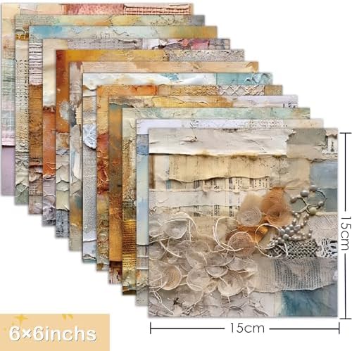 Vintage Junk Journal Paper Pad, 6 x 6 Inch Shabby Chic 160gsm Cardstock, 24 Sheets Retro Pearl & Tattered Letter Craft Paper for Anniversary Cards, DIY Scrapbooking
