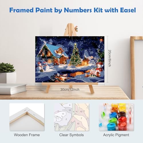 MOGTAA Christmas Paint by Numbers Kit for Adults Beginners with Frame, Winter Adult Paint by Number Kits on Canvas with Easel, Easy DIY Snowman Oil Painting Kits for Home Decor, 8x12in