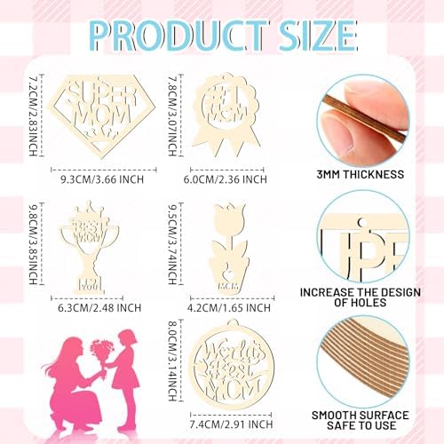 Mom Gift 40Pcs 5 Style Unfinished Wooden Mother's Day Ornaments DIY Craft Mother Birthday Present Paintable Blank Natural Mum Cutouts Hanging Wood Slices for Kids Art Crafts DIY Gift for Mom