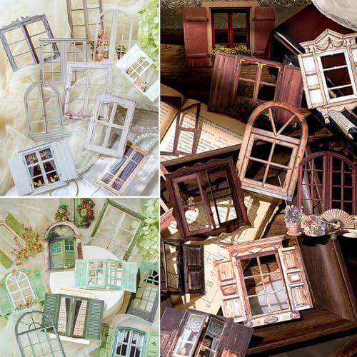 60PCS Vintage Hollowed Window Frame Stickers Cutout Texture Scrapbook Paper Decorative Sticker Retro Scrapbooking Materials Journaling Supplies for Junk Journal Planner Card Gift Wraps Craft