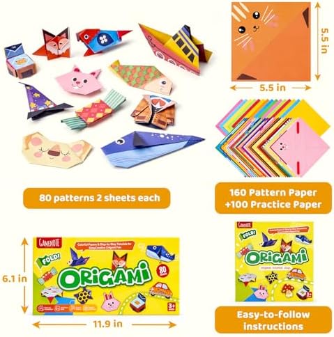 GAMENOTE Origami Kit for Kids Ages 8-12, 80 Assorted Projects, 260 Sheets | Double-Sided Origami Paper with mixed themes includes 160 patterned sheets, 100 solid practice sheets and a guidebook.