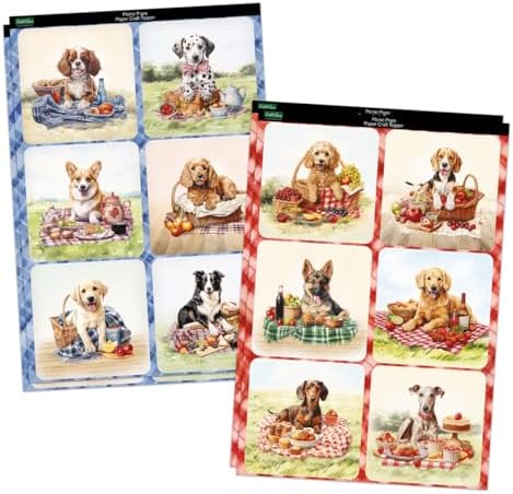 Katy Sue Designs Picnic Pups Die Cut Topper & Decoupage Collection. 4 Sheets of Dog-Themed Square Card Toppers & 4 Sheets of Matching Die Cut Decoupage Sheets for Card Making Supplies & Craft Supplies