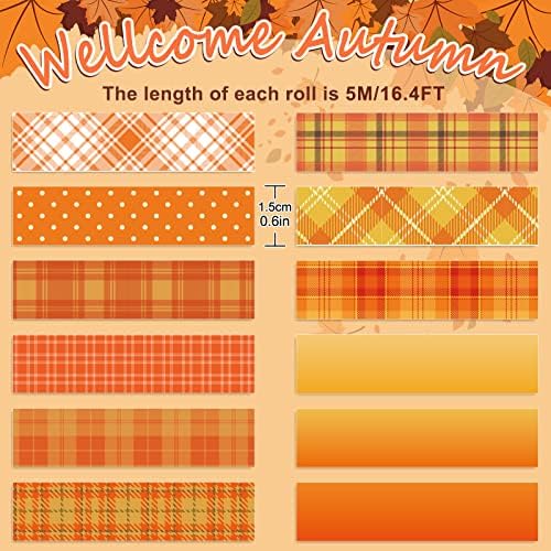 Whaline 12 Rolls Fall Plaid Washi Tapes Orange Red Buffalo Plaid Decorative Tape Autumn Solid Color Polka Dots Patterned Masking Tape for Fall Scrapbook Journal DIY Craft Gift Wrapping, 0.6Inch