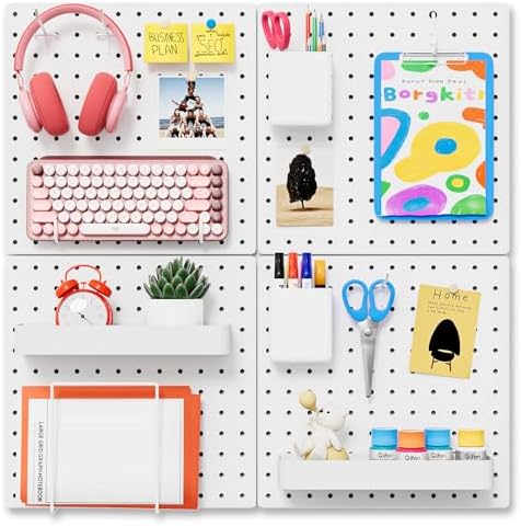 FZK Modular Plastic Pegboard Wall Organizer Kit, White， 12x12, 4 Panels