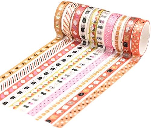 YUBBAEX 10 Rolls Sparkling Washi Tape Set 8mm Skinny Gold Foil Decorative Masking Washi Tapes for Journal,Scrapbook, Planner, DIY Crafts (Sweety Kittens)